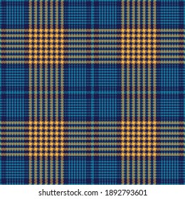 Blue yellow tartan plaid pattern. Seamless textured bright tweed tartan checked plaid for skirt, blanket, duvet cover, or other modern spring, autumn, winter, summer glen fashion textile print.