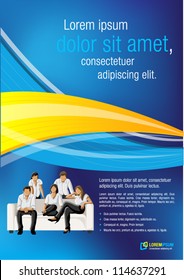 Blue And Yellow Template For Advertising Brochure With Business People