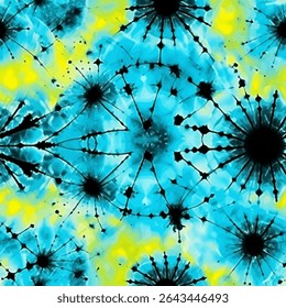 Blue and yellow tie-dye pattern with black dandelions. tie-dye seamless pattern, shibori style, vector illustration, doodle summer, kids and baby designs for print fabric.