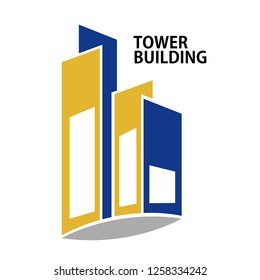 blue and yellow tower building logo