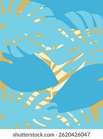 Blue and Yellow Tropical Leaf Silhouette Background