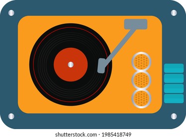blue and yellow turntable with chrome speakers 