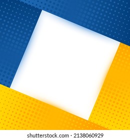 Blue yellow ukrainian flag colors vector frame background design with halftone dots. Paper cut style blue yellow border background with halftone dots patterns. White background.