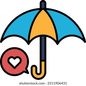 A blue and yellow umbrella with a red heart in the middle. The umbrella is open and the heart is inside of it