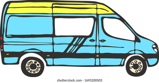 Blue yellow van isolated on white background. Illustration.