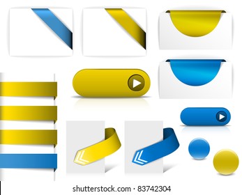 Blue and yellow vector elements for web pages - buttons, navigation, pointers, arrows, badges, ribbons