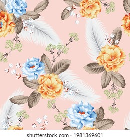 blue and yellow vector flowers with brown and grey leaf bunches pattern on pink background