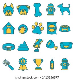 Blue and yellow vector icons set for creating infographics related to dogs, like food, pet bowl, toy, comb or bed