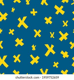 blue yellow vector seamless simple X pattern on contrasting background. For paper, fabric, textile, wallpaper, backgrounds.