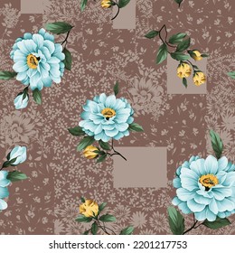blue and yellow vector stock flowers with green leaves bunches pattern on bandanna background