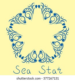 Blue and yellow vector texture with swirls. Boho decorative elements, sea star and handwritten text