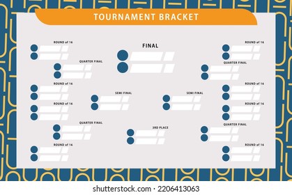 Soporte de torneo vectorial azul y amarillo con fondo de patrón. Plantilla de etapas eliminadas modificables simple. Adecuado para el fútbol, bádminton, baloncesto y otros deportes.