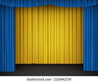 Blue and yellow velvet curtains on theater stage. Vector realistic background with silk curtains with drapery in drama theatre, cinema, comedy show, circus or performance podium