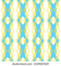 Blue yellow vertical wavy lines intertwined on white background, Seamless vector pattern with transparency