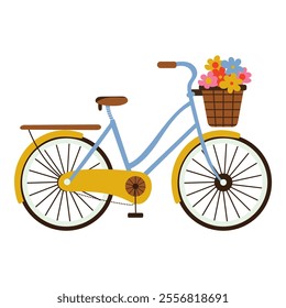 a blue and yellow vintage-style bicycle with a basket of colorful flowers on the front and a simple design, emphasizing a cheerful aesthetic.