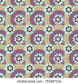 Blue, yellow and violet colors vector seamless pattern with many flowers.