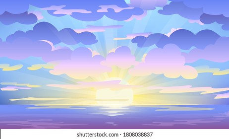 Blue, yellow warm vector sunrise. Travel landscape background, vacation wallpaper. Beach warm graphic illustration with seascape, sky, clouds, sun, sunbeams, shine sun rays. Season poster.