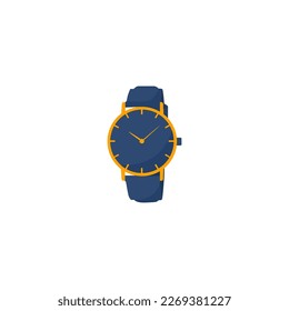 A blue and yellow watch with a blue face and the time as 12 : 00.