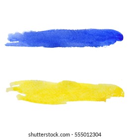 Blue and yellow watercolor blobs, isolated on white background. Shape design blank watercolor colored rounded shapes web buttons on white background. Divorces paint. Vector illustration.