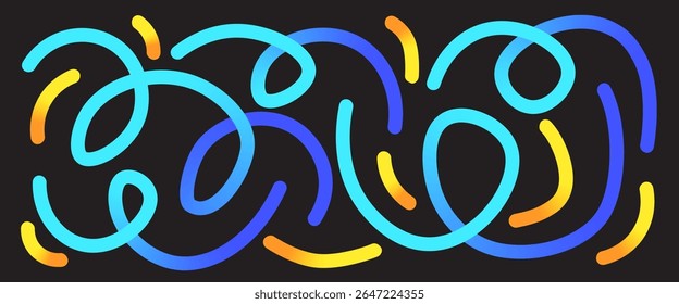 Linhas onduladas azuis e amarelas. Uma coleção de formas longas suaves e abstratas. Gradiente de rabiscos e espirais. Elementos curvos em cor de arco-íris em um plano de fundo preto. Padrões de neon gradiente para crianças vetoras.