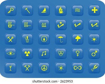 blue and yellow web buttons with various signs and symbols on them