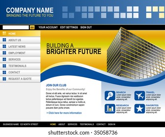 A blue and yellow website template for your business. There is a building on the side with abstract shapes and boxes.