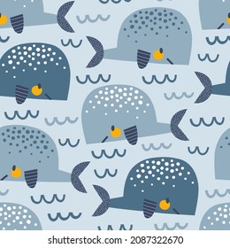 Blue Yellow Whale in the waves vector seamless pattern. Cute ocean creatures background. Scandinavian decorative childish surface design for nautical nursery and navy kids fabric.