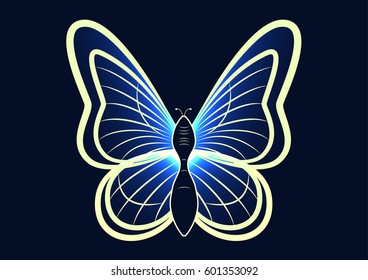Blue yellow white butterfly on dark blue background. 