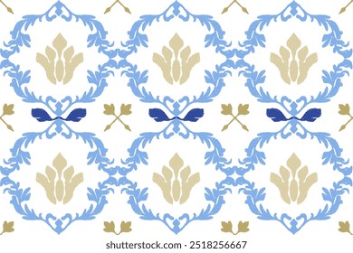 Blue, yellow, white embroidery, motif ethnic ikat seamless textile illustration, print striped ornament, pattern, design for wrapping, silk, scarf, clothing, background, textile, carpets, curtains.