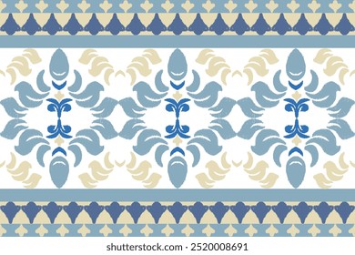 Blue and yellow with white embroidery, motif ethnic ikat seamless textile illustration, print striped ornament, pattern, design for wrapping, silk, scarf, background, and textile.