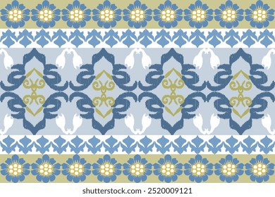 Blue, yellow with white embroidery, motif ethnic ikat seamless textile illustration, print striped ornament, pattern, design for wrapping, silk, scarf, background, and textile.