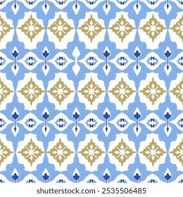 Azul, amarelo, bordado branco, motivo étnico ikat ilustração têxtil sem costura, impressão listrado ornamento, padrão, design para embrulhar, seda, cachecol, roupas, fundo, têxtil, tapetes, cortinas.
