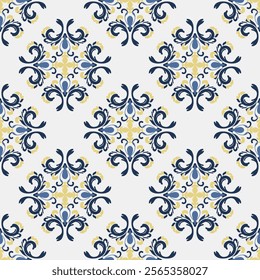 Blue, yellow, and white floral damask seamless vector background. baroque-style pattern. Graphic ornate pattern for wallpaper, fabric, packaging, and wrapping. Damask flower ornament. Vector formats

