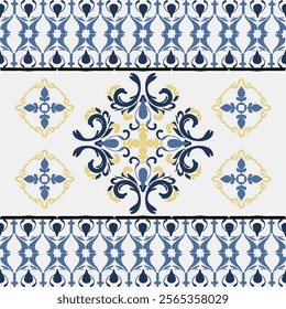 Blue, yellow, and white floral damask seamless vector background. baroque-style pattern. Graphic ornate pattern for wallpaper, fabric, packaging, and wrapping. Damask flower ornament. Vector formats

