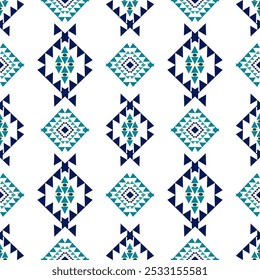 Blue, yellow, and white geometric vector patterns that are traditional, ethnic, Navajo, or Native American Indian. Design for clothing, curtains, carpets, sarongs, Hmong, and fabric edges.

