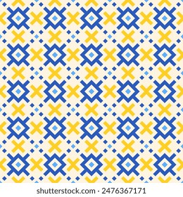Blue, yellow, white pixel art pattern with traditional Ukrainian embroidery ornament, seamless background vector illustration. Minimalist geometric print for textile design, fabric or packaging