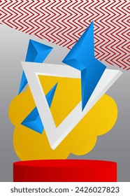 Blue, yellow, white and red mockup product display. Vector cylinder Stage showcase, pedestal podium for presentation. Minimal geometric forms, empty scene.