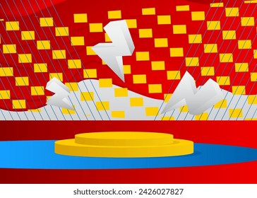 Blue, yellow, white and red mockup product display. Vector cylinder Stage showcase, pedestal podium for presentation. Minimal geometric forms, empty scene.