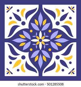 Blue, yellow and white tile vector. Portuguese tiles pattern with azulejo ornaments.