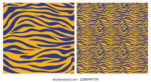 Blauer und gelber Zebramuster Stoff. Eleganter, sanfter, nahtloser Hintergrund, abstrakter Hintergrund. Geburtstag Geschenkpapier. Fashion Striping Grafik. Liniendekoration, afrikanisches Ambiente. Tierhaut.