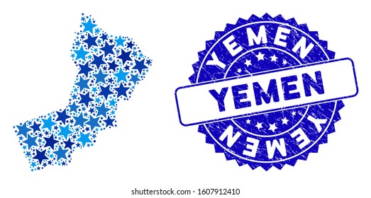 Blue Yemen map composition of stars, and distress round stamp. Abstract geographic scheme in blue color tones. Vector Yemen map is created of blue stars.