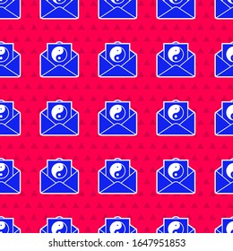 Blue Yin Yang and envelope icon isolated seamless pattern on red background. Symbol of harmony and balance.  Vector Illustration