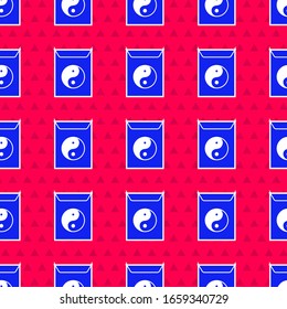 Blue Yin Yang and envelope icon isolated seamless pattern on red background. Symbol of harmony and balance.  Vector Illustration