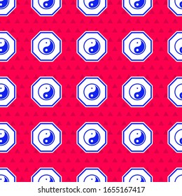 Blue Yin Yang symbol of harmony and balance icon isolated seamless pattern on red background.  Vector Illustration