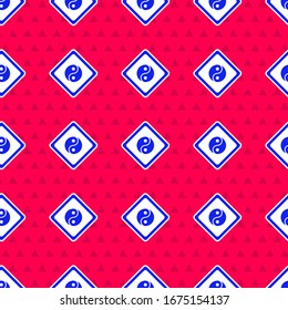 Blue Yin Yang symbol of harmony and balance icon isolated seamless pattern on red background.  Vector Illustration