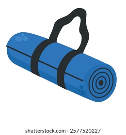 A blue yoga mat rolled up for fitness exercises in cartoon style