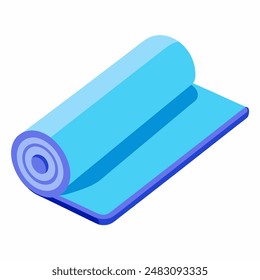 A blue yoga mat is rolled up on a white background