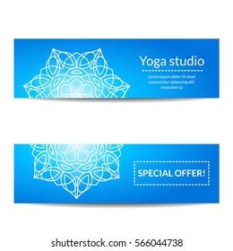 Blue yoga studio banners set with white floral mandalas. Sacred geometry. Ethnic ornament. Indian traditional decorative elements. For yoga studio flyer, card, invitation. Vector EPS10 illustration.