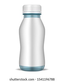 Blue yogurt bottle with blank label isolated on white background, realistic mockup. Liquid food product, drinking yoghurt, beverage - vector illustration.