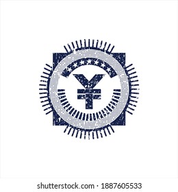 Blue yuan icon inside distress grunge seal. 
